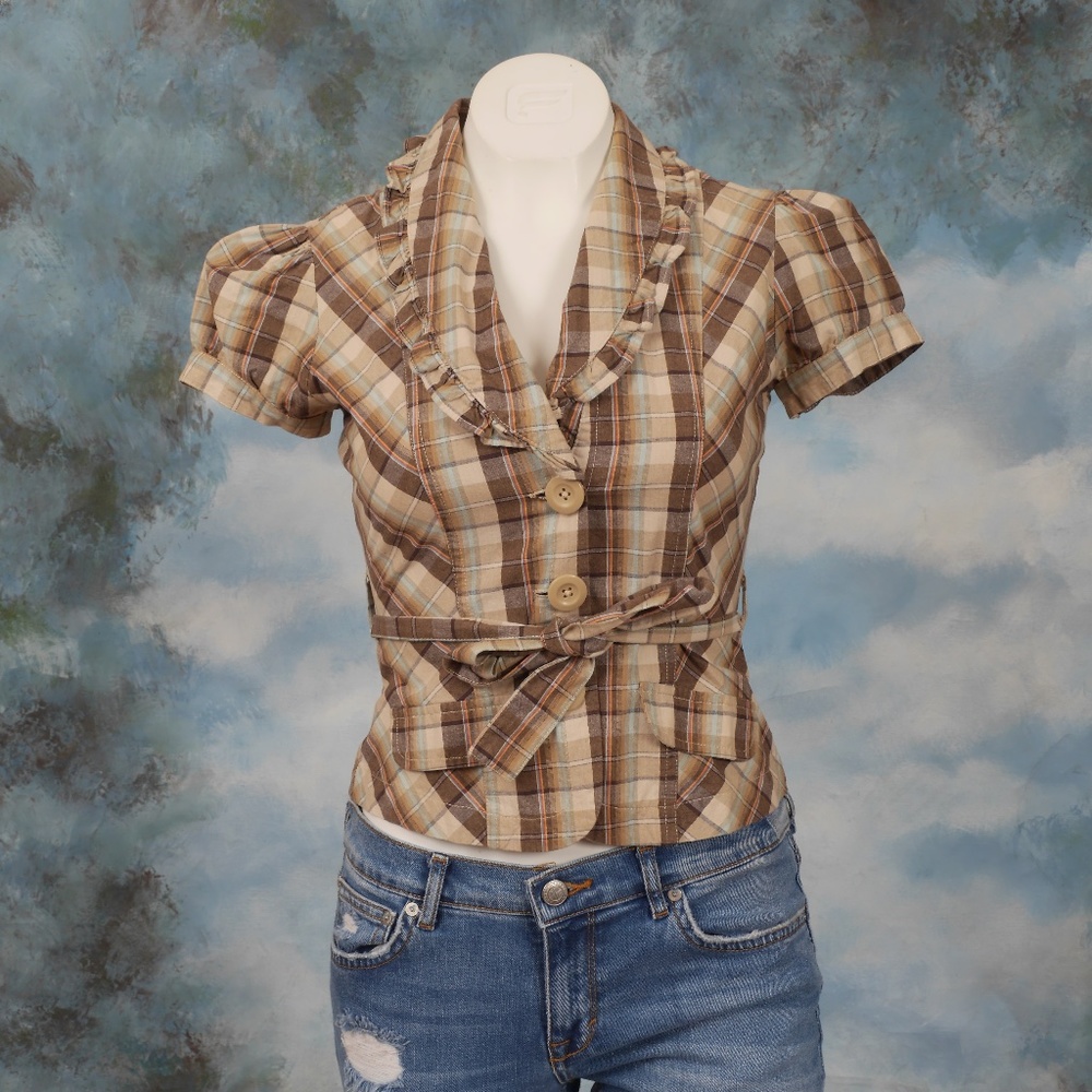 Millenium Small Plaided Button Down Brown Blazer Short Sleeve